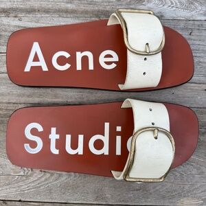 Acne Studios Odet Slide Sandals Size 37‎ US 7 Logo Buckle White Flat